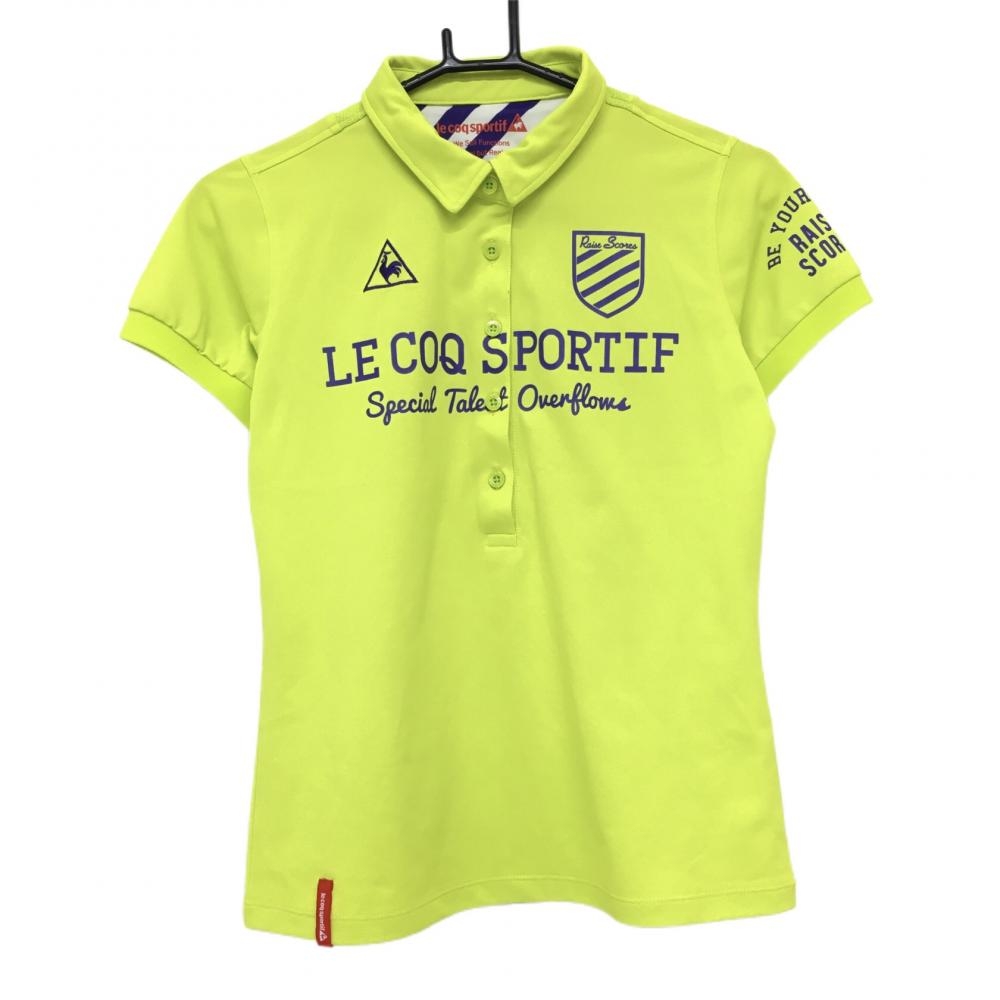 【美品】ルコック 半袖ポロシャツ ライトグリーン×ネイビー ロゴプリント  レディース Ｍ ゴルフウェア le coq sportif