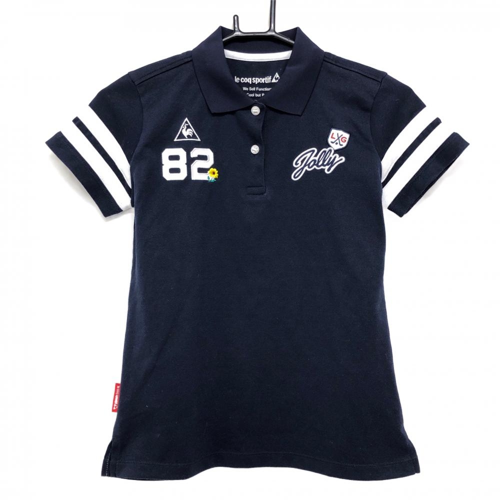 【超美品】ルコック 半袖ポロシャツ ネイビー×白 袖2ライン 花刺しゅう レディース S ゴルフウェア le coq sportif