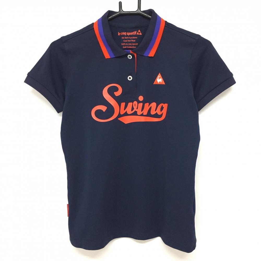 【超美品】ルコック 半袖ポロシャツ ネイビー×レッド 胸元プリント ネック後ろメッシュ レディース M ゴルフウェア le coq sportif