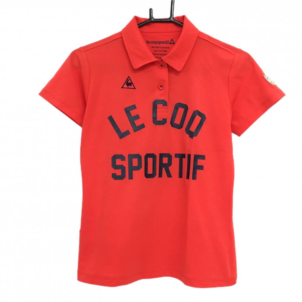 【美品】ルコック 半袖ポロシャツ レッド×ネイビー ビッグプリント 袖ワッペン レディース M ゴルフウェア le coq sportif