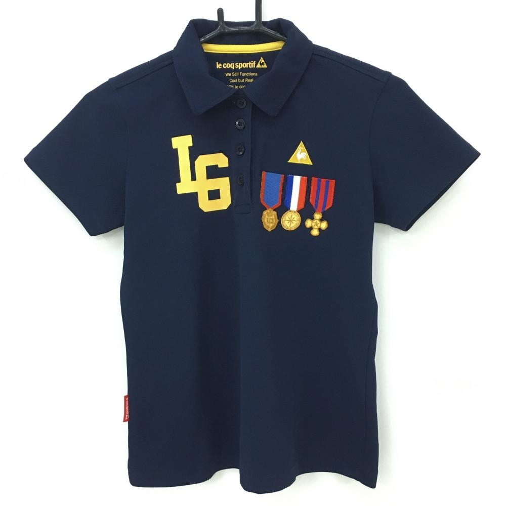 ルコック 半袖ポロシャツ ネイビー×イエロー 胸ワッペン プリント レディース M ゴルフウェア le coq sportif