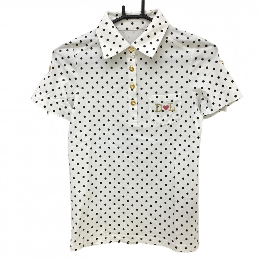 【美品】ルコック×デュラス 半袖ポロシャツ 白×黒 ドット 袖ロールアップ可 レディース M ゴルフウェア le coq sportif