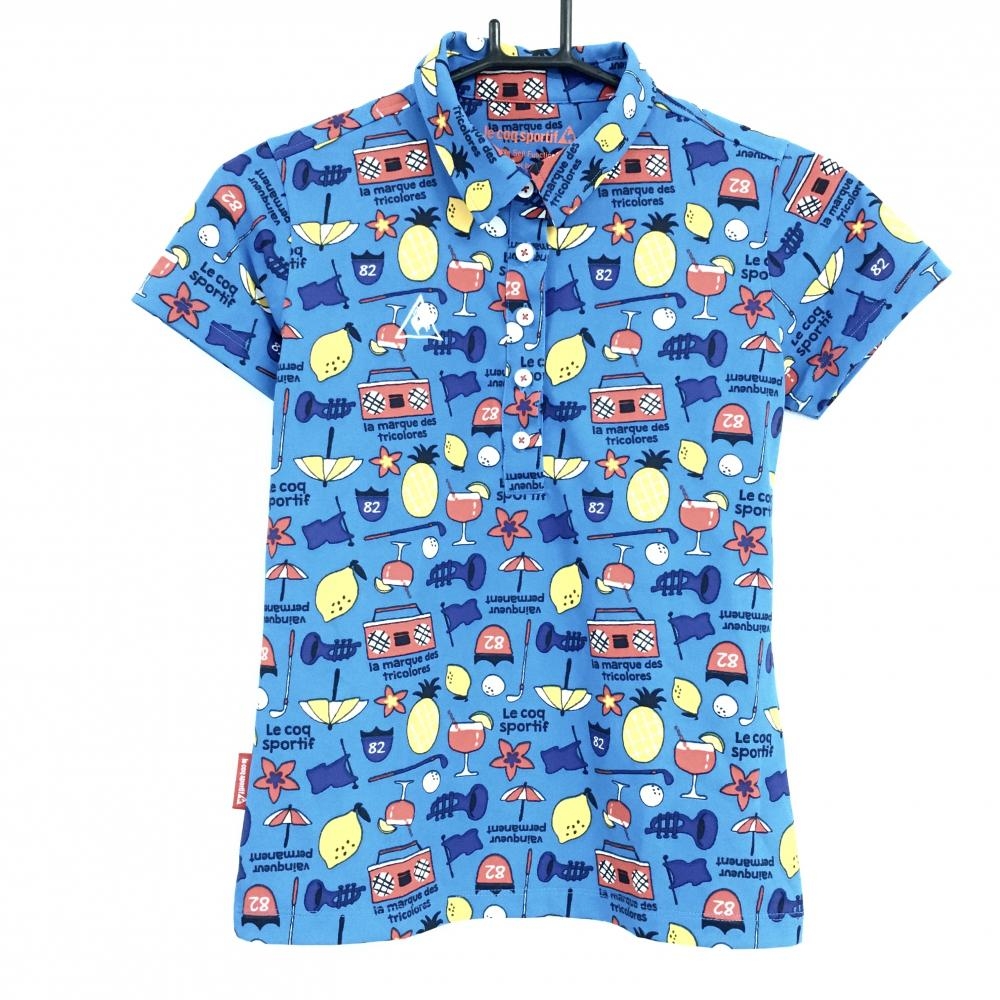 【超美品】ルコック 半袖ポロシャツ ブルー×イエロー 総柄 ロゴ刺しゅう レディース S ゴルフウェア le coq sportif