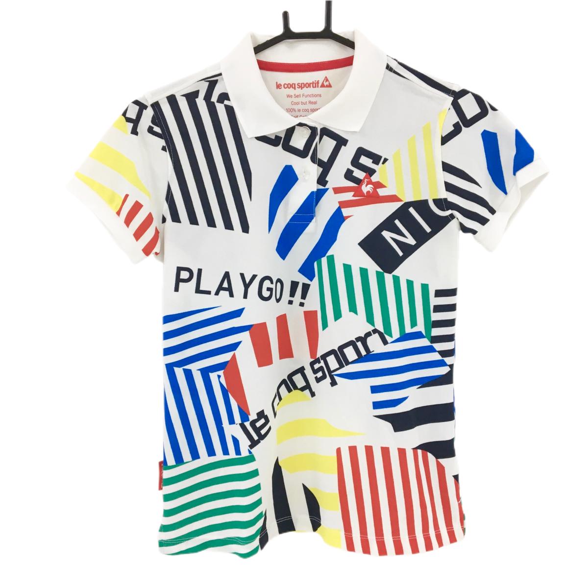 ルコック 半袖ポロシャツ 白×マルチ 総柄 胸刺しゅう  レディース M ゴルフウェア le coq sportif