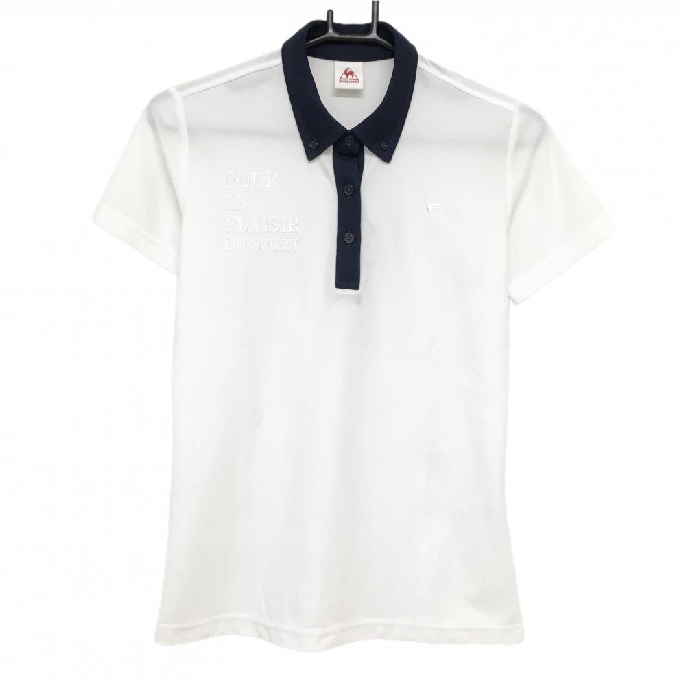 ルコック 半袖ポロシャツ 白×ネイビー 胸刺しゅう ボタンダウン レディース M ゴルフウェア le coq sportif