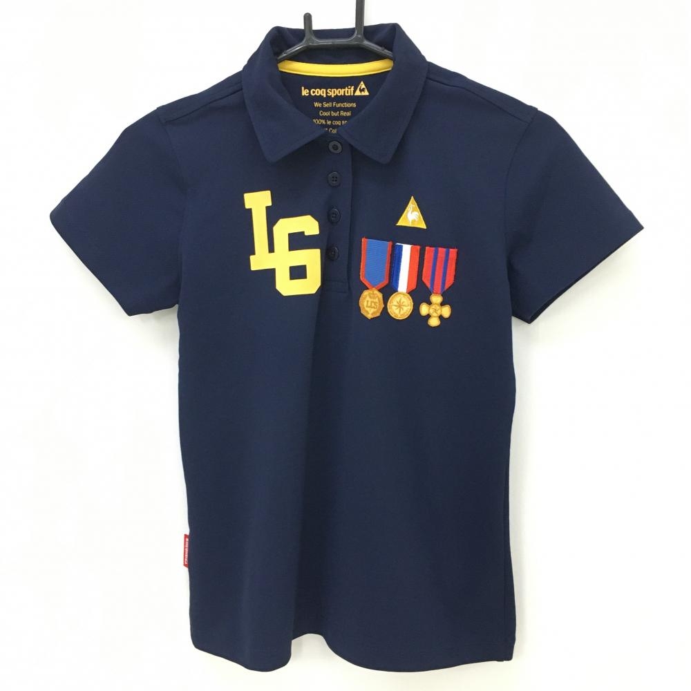 【美品】ルコック 半袖ポロシャツ ネイビー×イエロー メダル ロゴ刺しゅう  レディース M ゴルフウェア le coq sportif