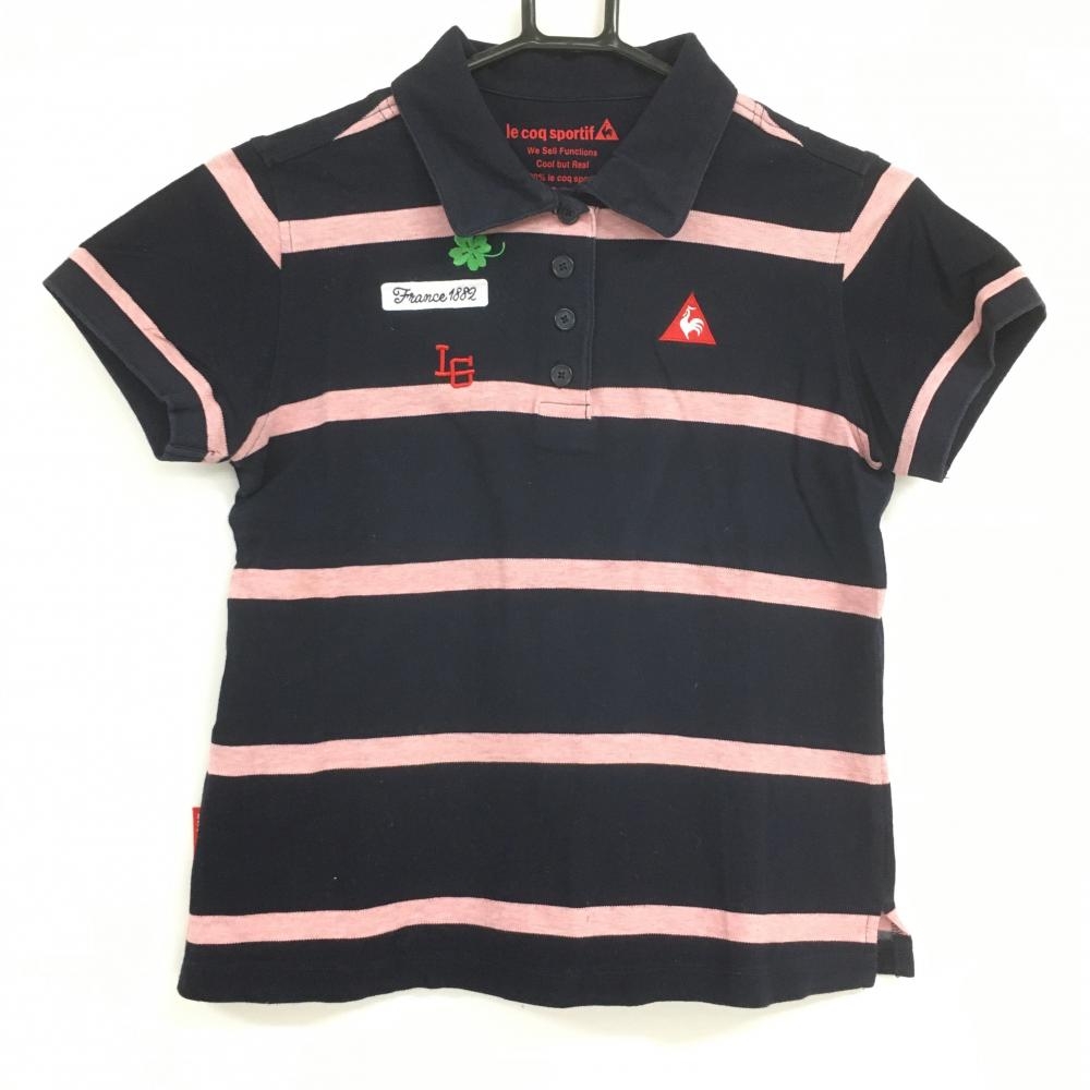 ルコック 半袖ポロシャツ ネイビー×ピンク ボーダー 胸刺しゅう  レディース M ゴルフウェア le coq sportif