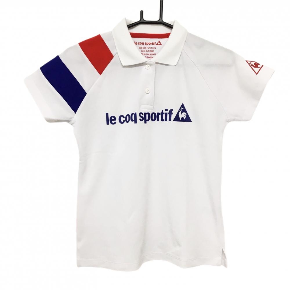 【美品】ルコック 半袖ポロシャツ 白×ブルー 袖トリコロール 前立て薄汚れ レディース M ゴルフウェア le coq sportif