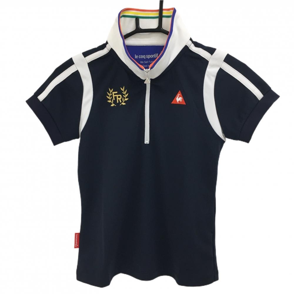 【超美品】ルコック 半袖ポロシャツ ネイビー×白 織生地 襟3カラーライン ハーフジップ  レディース S ゴルフウェア le coq sportif