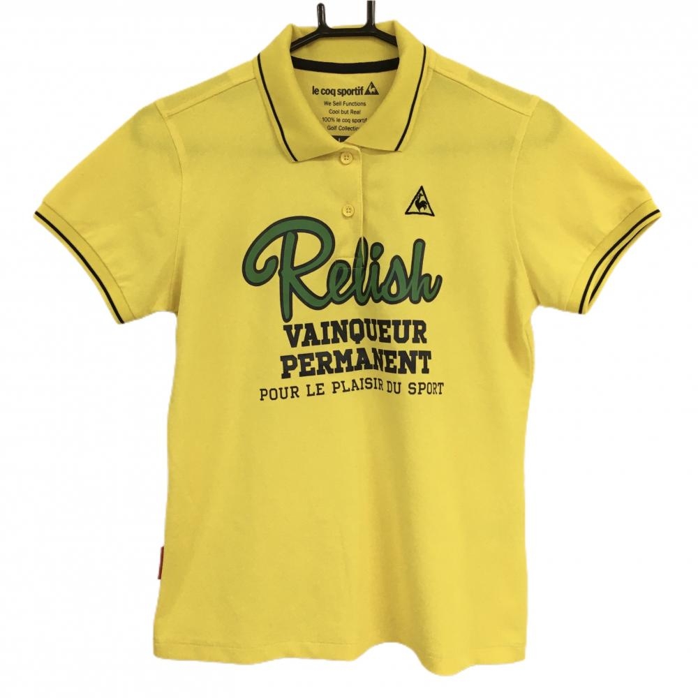 【美品】ルコック 半袖ポロシャツ イエロー×ネイビー フロントプリント 襟・袖口ライン レディース L ゴルフウェア le coq sportif