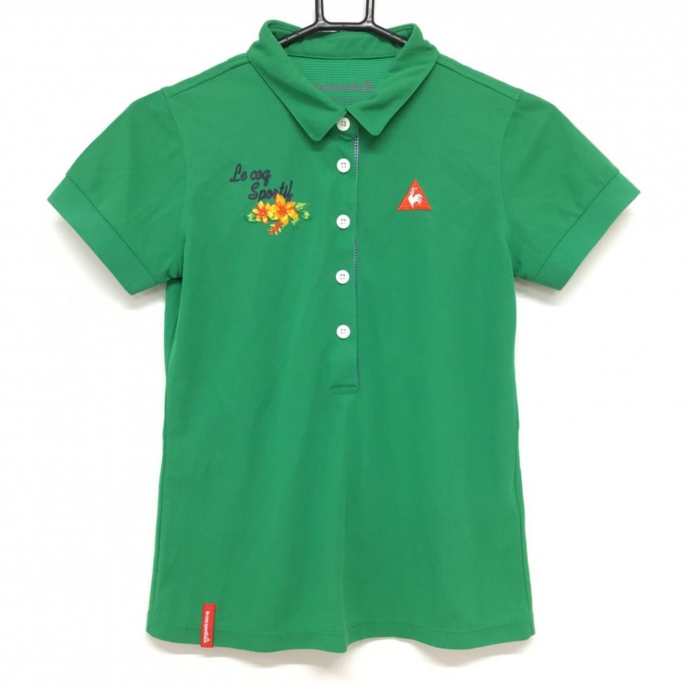 【美品】ルコック 半袖ポロシャツ グリーン 花柄刺しゅう レディース M ゴルフウェア le coq sportif