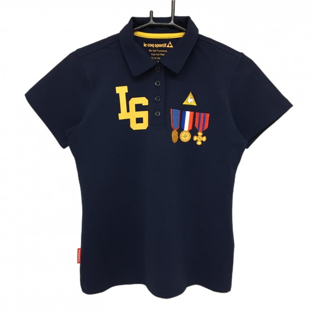 【美品】ルコック 半袖ポロシャツ ネイビー×イエロー ロゴ刺しゅう レディース L ゴルフウェア le coq sportif
