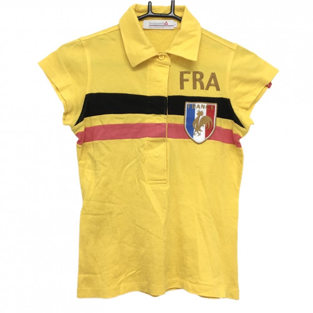 【美品】ルコックゴルフ 半袖ポロシャツ イエロー×黒×ピンク 胸元ライン レディース M ゴルフウェア le coq sportif