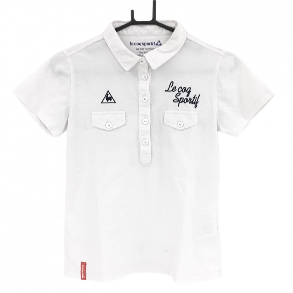 【美品】ルコック 半袖ポロシャツ 白×ネイビー 麻混 バックプリント  レディース M ゴルフウェア le coq sportif