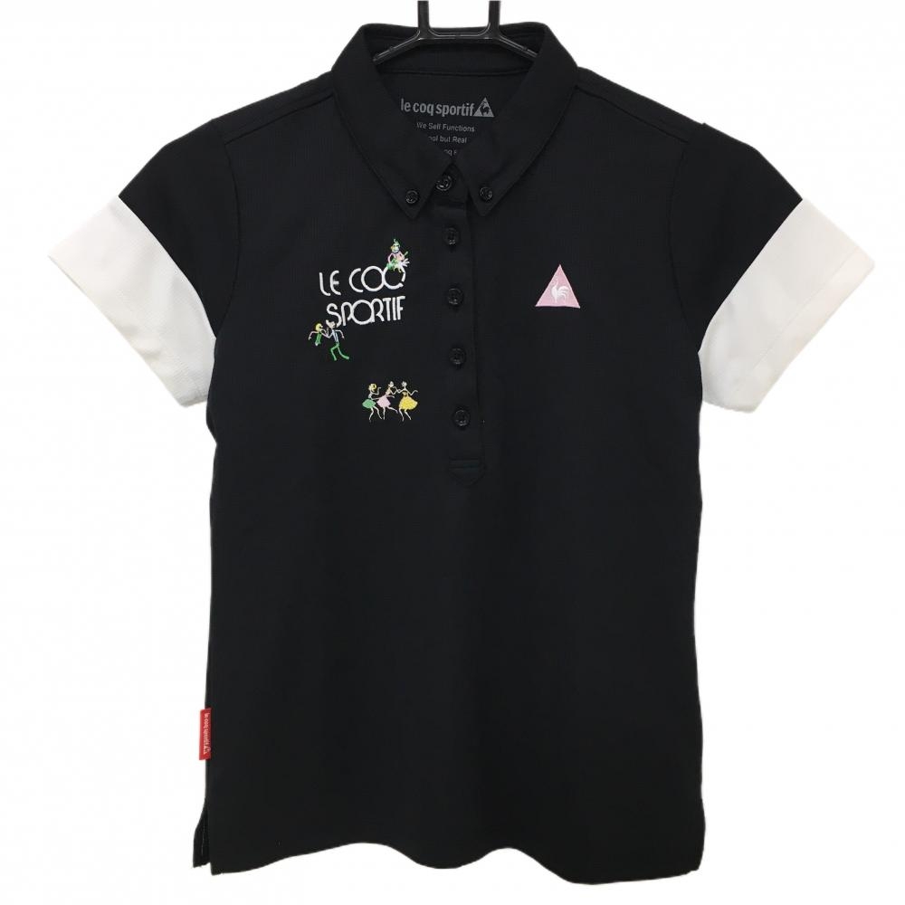 【超美品】ルコックゴルフ 半袖ポロシャツ 黒×白 織生地 胸刺しゅう レディース M ゴルフウェア le coq sportif