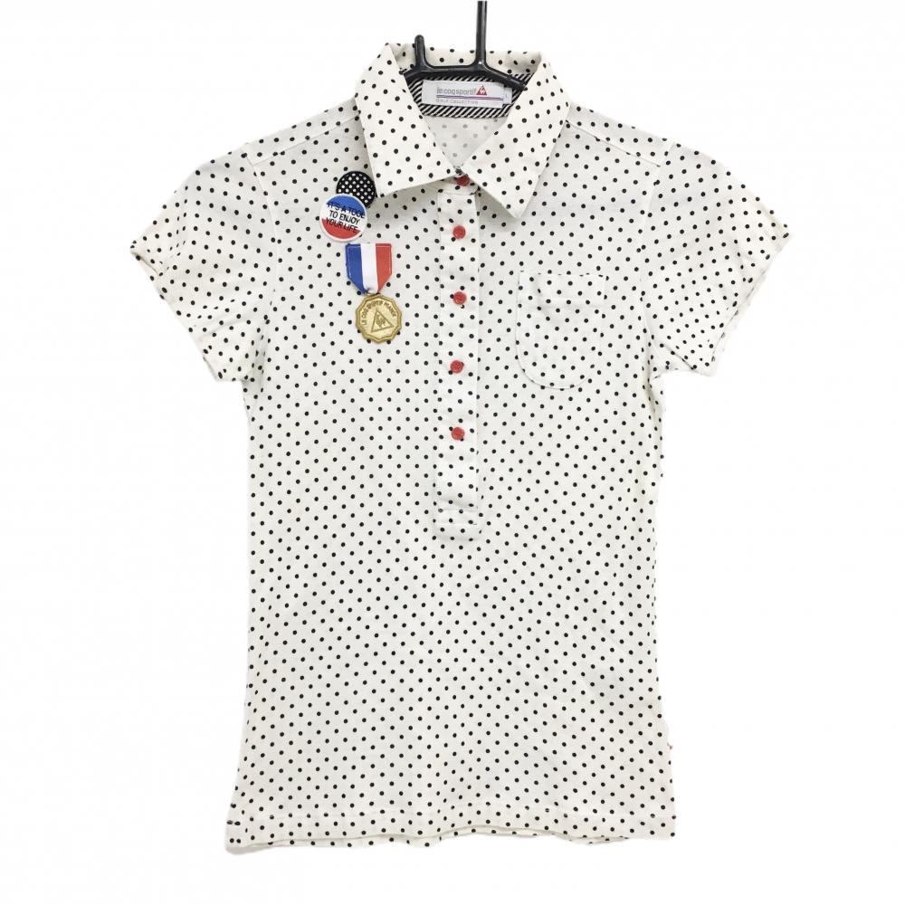 ルコック 半袖ポロシャツ アイボリー×ダークネイビー 水玉 ドット柄 総柄 ワッペン レディース L ゴルフウェア le coq sportif