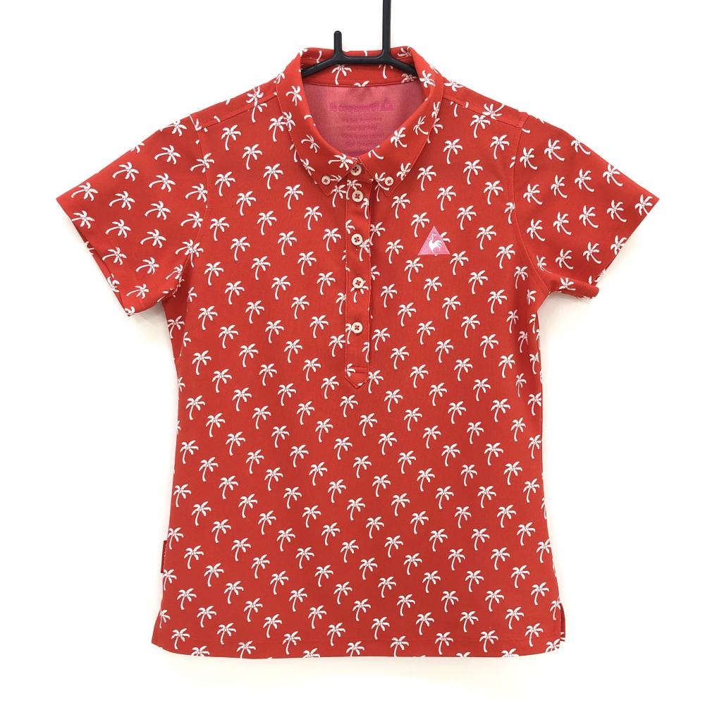 【超美品】ルコック 半袖ポロシャツ レッド×白 ヤシの木柄 ボタンダウン レディース M ゴルフウェア le coq sportif
