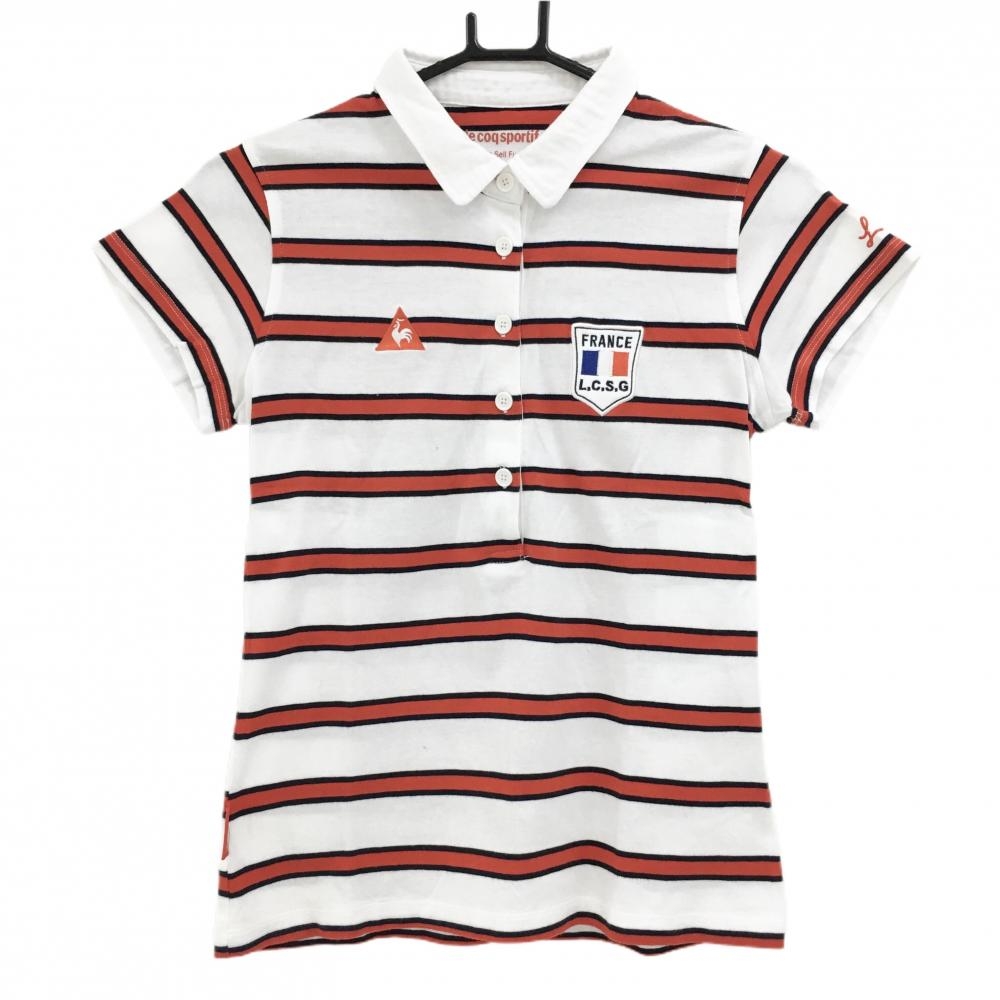 ルコック 半袖ポロシャツ 白×レッド ボーダー 綿100％  レディース M ゴルフウェア le coq sportif