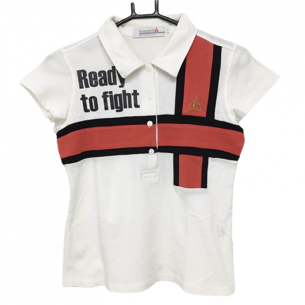 ルコック 半袖ポロシャツ 白×レッド 前面クロス柄 ロゴ刺しゅう レディース M ゴルフウェア le coq sportif