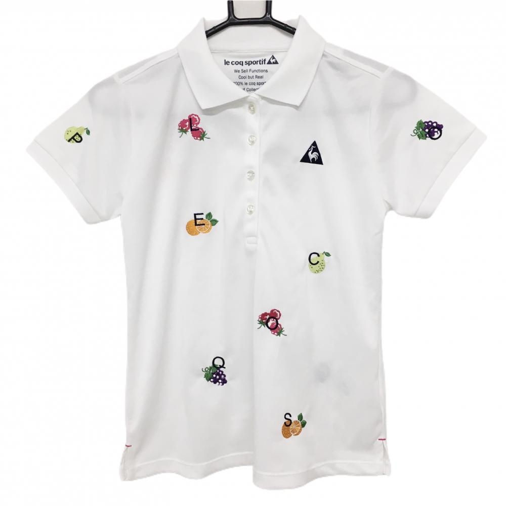 【超美品】ルコックゴルフ 半袖ポロシャツ 白×マルチカラー フルーツ刺しゅう総柄 レディース M ゴルフウェア le coq sportif