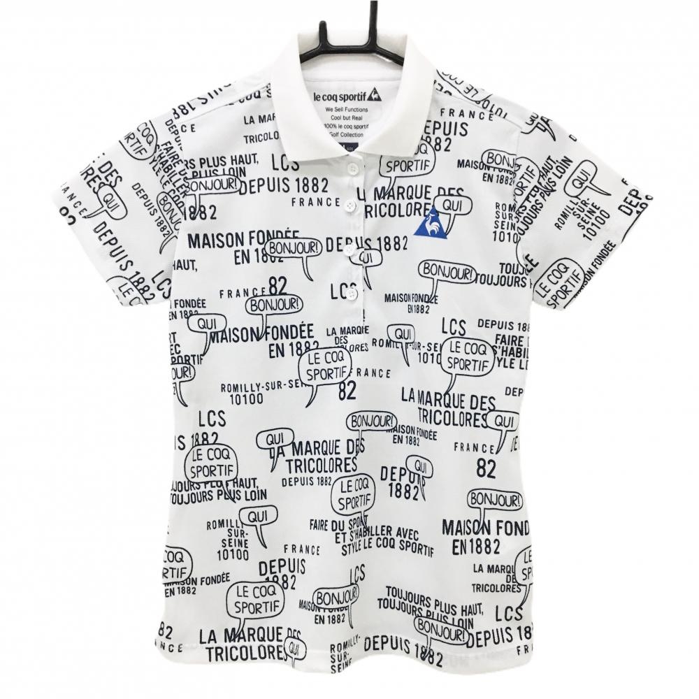 【美品】ルコックゴルフ 半袖ポロシャツ 白×ネイビー 英字総柄 レディース M ゴルフウェア le coq sportif