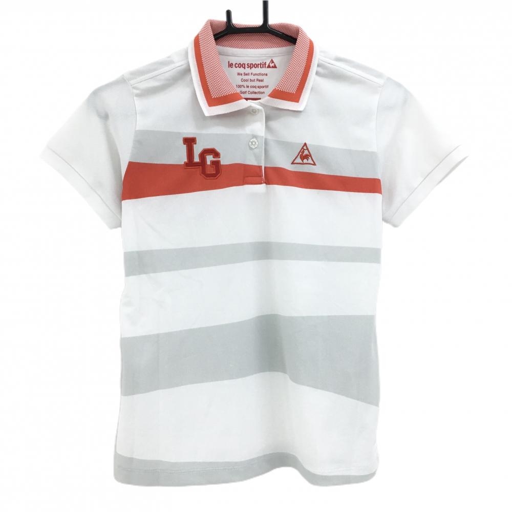 【超美品】ルコックゴルフ 半袖ポロシャツ 白×オレンジレッド ロゴ刺しゅう レディース M ゴルフウェア le coq sportif