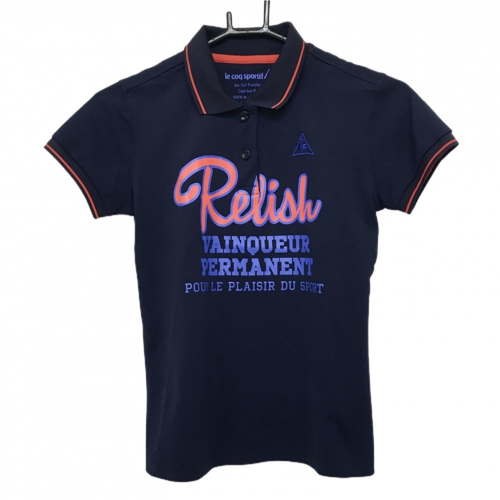 【美品】ルコックゴルフ 半袖ポロシャツ ネイビー×レッド 胸元プリント  レディース S ゴルフウェア le coq sportif