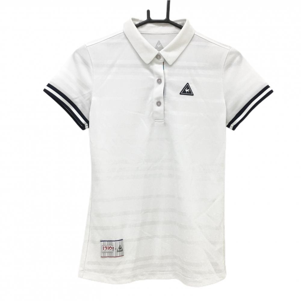 【美品】ルコックゴルフ 半袖ポロシャツ 白 ボーダー地模様 胸ロゴ レディース M ゴルフウェア le coq sportif