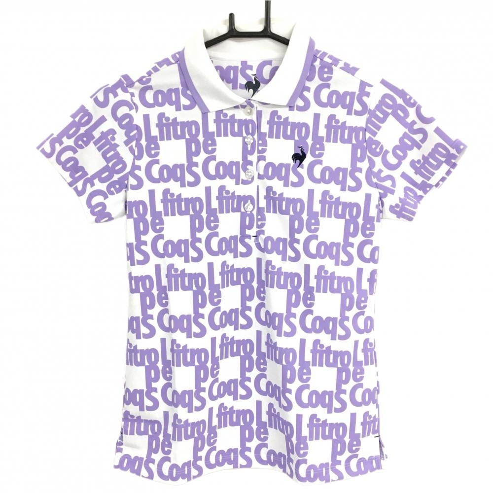 【超美品】ルコック 半袖ポロシャツ 白×パープル ロゴ総柄 レディース M ゴルフウェア le coq sportif