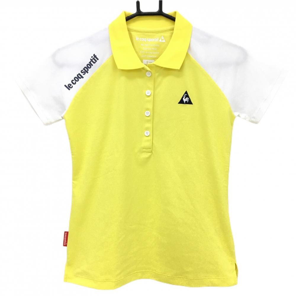【超美品】ルコック 半袖ポロシャツ イエロー×白 ロゴ刺しゅう レディース S ゴルフウェア le coq sportif