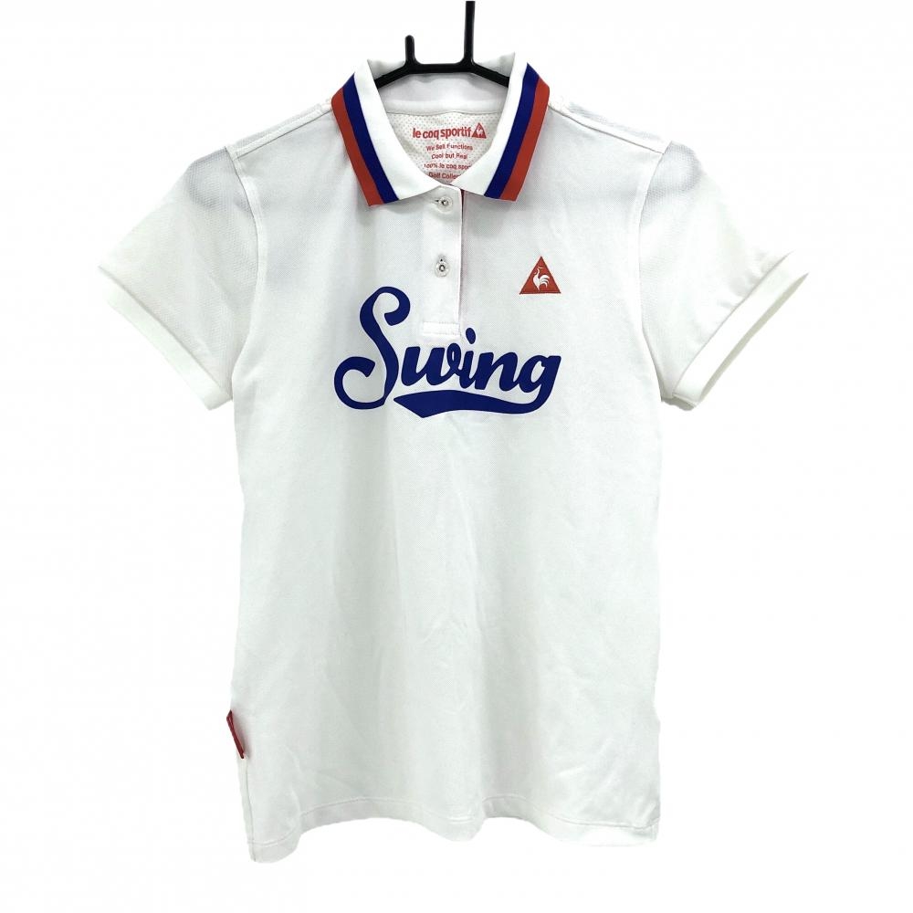 【美品】ルコックゴルフ 半袖ポロシャツ 白×ブルー ロゴ刺しゅう レディース L ゴルフウェア le coq sportif