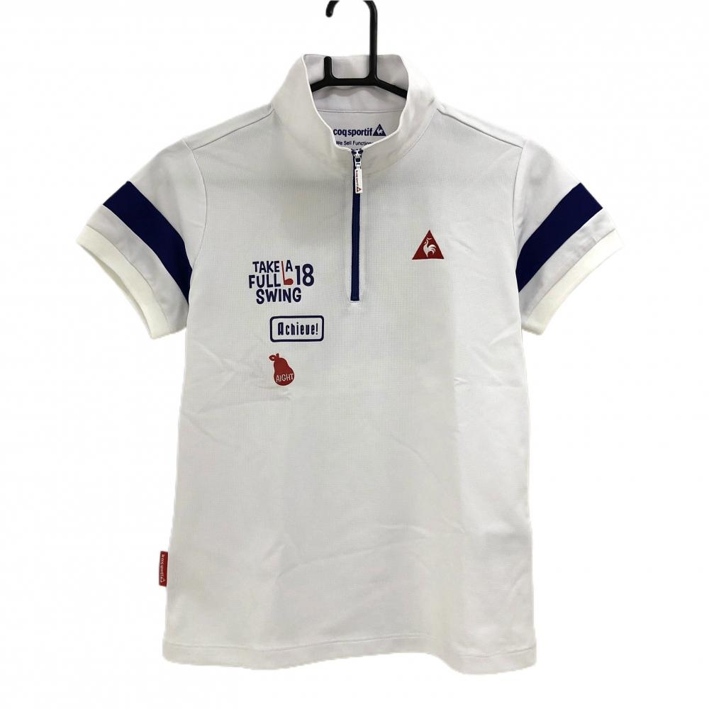 【超美品】ルコックゴルフ 半袖ポロシャツ 白×ネイビー ハーフジップ ロゴ刺しゅう レディース M ゴルフウェア le coq sportif