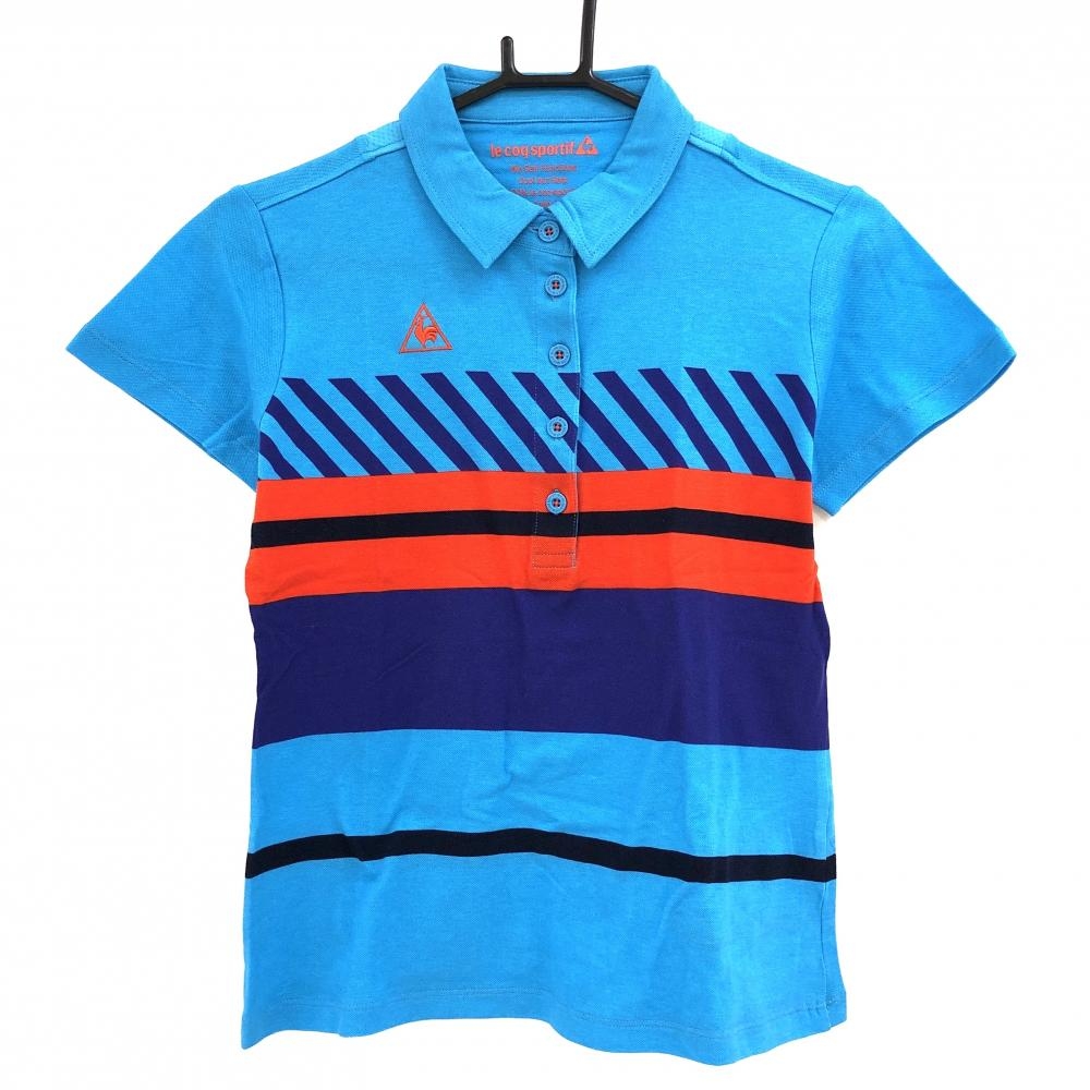 【超美品】ルコックゴルフ 半袖ポロシャツ ライトブルー×パープル 一部ボーダー調 レディース M ゴルフウェア le coq sportif