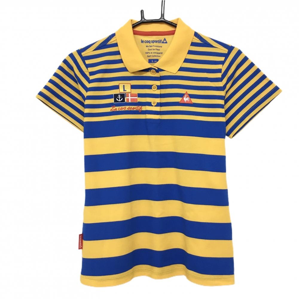 【超美品】ルコックゴルフ 半袖ポロシャツ オレンジイエロー×ブルー ボーダー ロゴ刺しゅう レディース L ゴルフウェア le coq sportif
