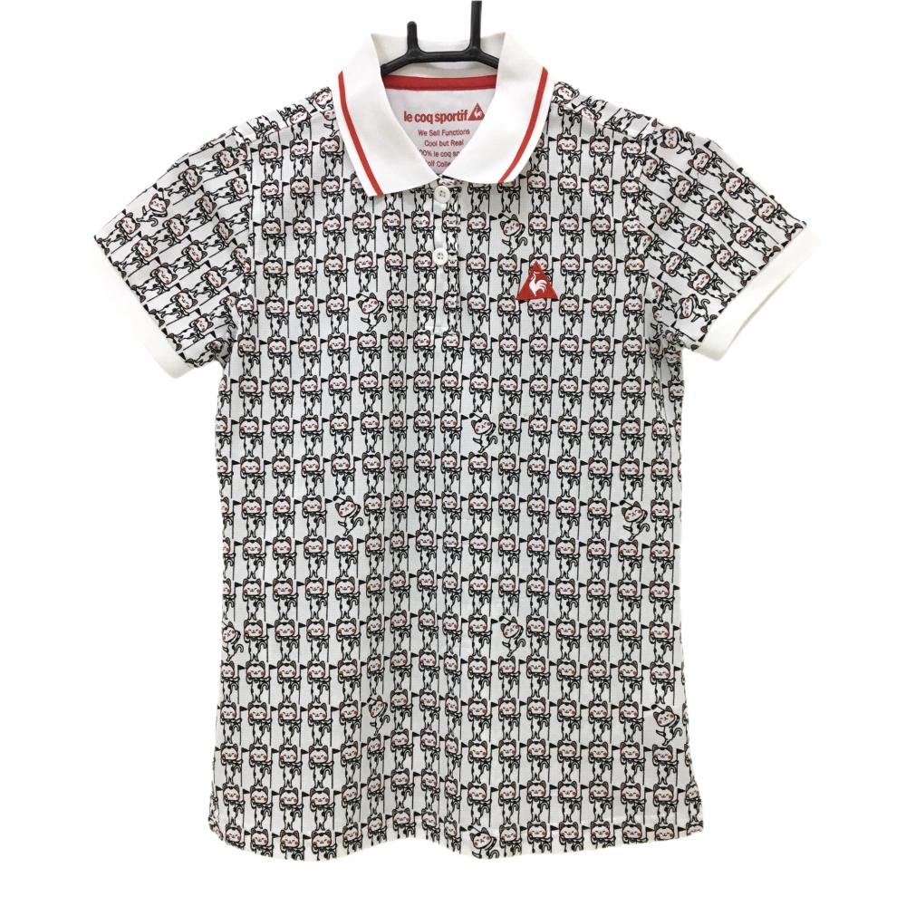 【美品】ルコックゴルフ 半袖ポロシャツ 白×黒 ネコ総柄   レディース M ゴルフウェア le coq sportif