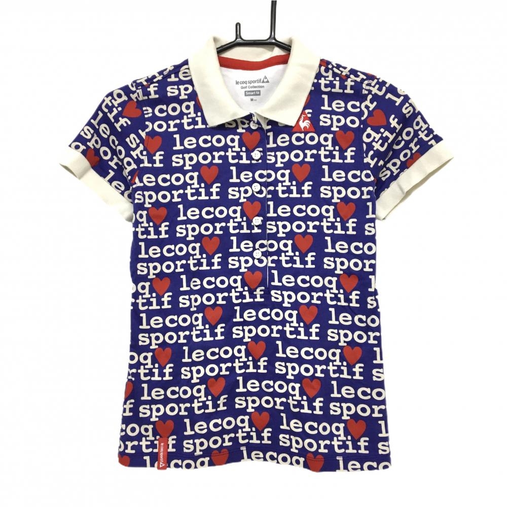 ルコックゴルフ 半袖ポロシャツ パープル×白 ロゴ総柄 ハート レディース M ゴルフウェア le coq sportif