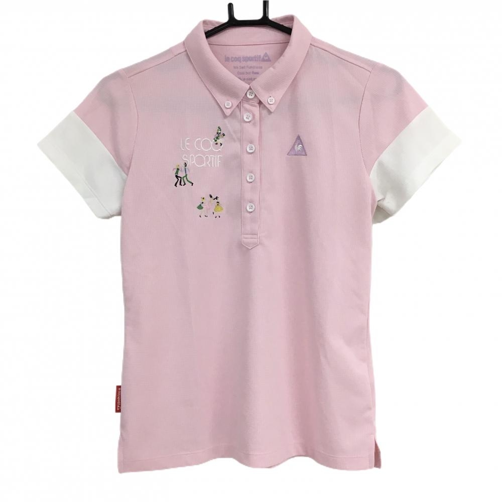 ルコック 半袖ポロシャツ ライトピンク×白 胸元刺しゅう ボタンダウン  レディース L ゴルフウェア le coq sportif