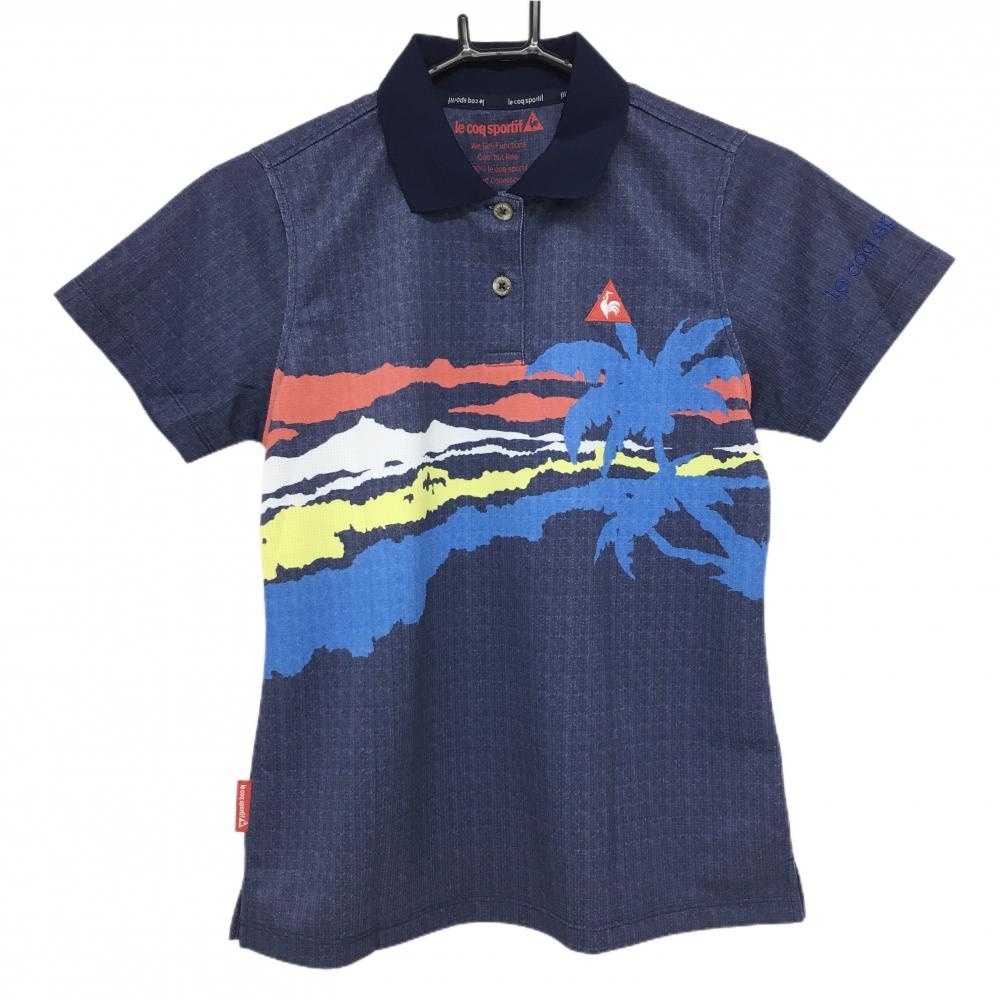 【超美品】ルコックゴルフ 半袖ポロシャツ 杢ネイビー×マルチカラー ヤシの木 ロゴ刺しゅう レディース L ゴルフウェア le coq sportif