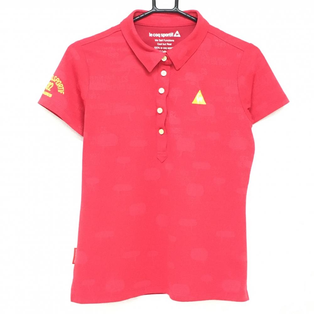 【超美品】ルコックゴルフ 半袖ポロシャツ レッド 英字地模様 ロゴイエロー レディース L ゴルフウェア le coq sportif