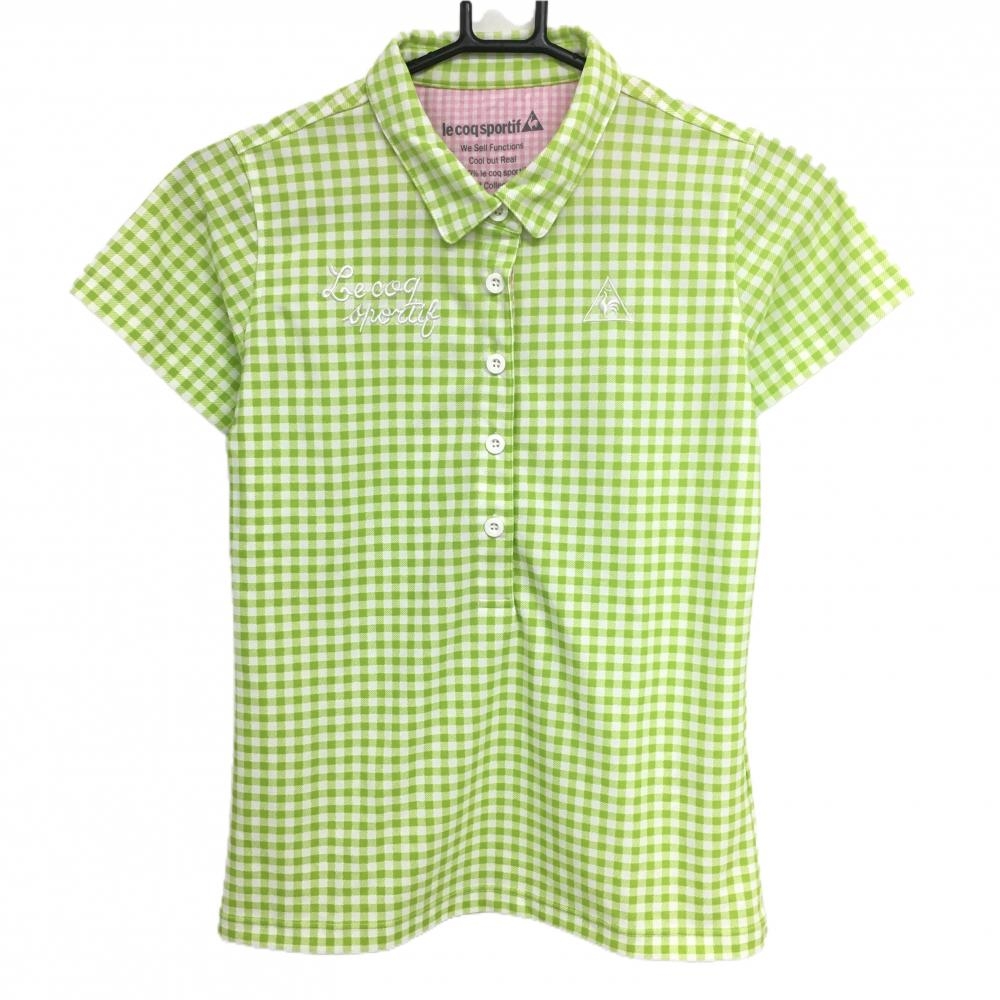 【超美品】ルコックゴルフ 半袖ポロシャツ 白×ライトグリーン ギンガムチェック 胸ロゴ レディース M ゴルフウェア le coq sportif