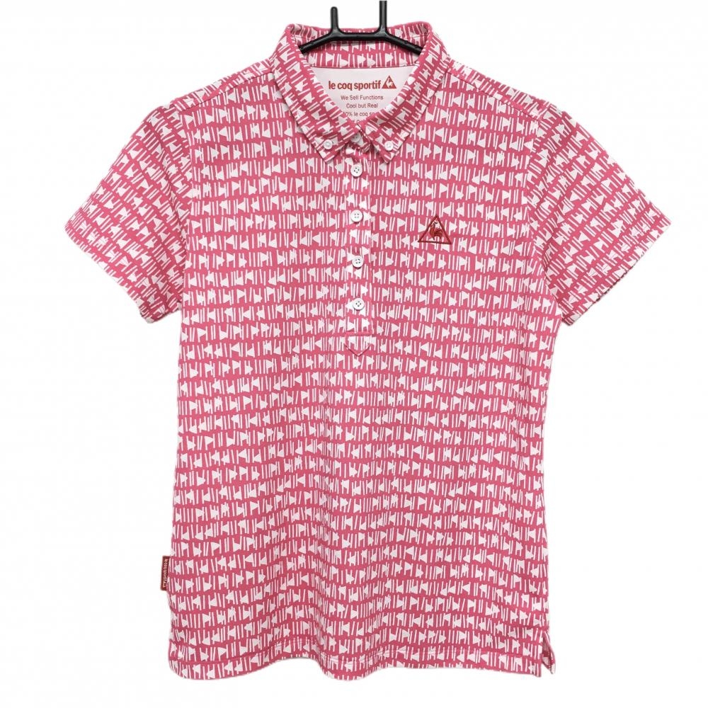 【超美品】ルコックゴルフ 半袖ポロシャツ ピンク×白 総柄 ボタンダウン レディース L ゴルフウェア le coq sportif