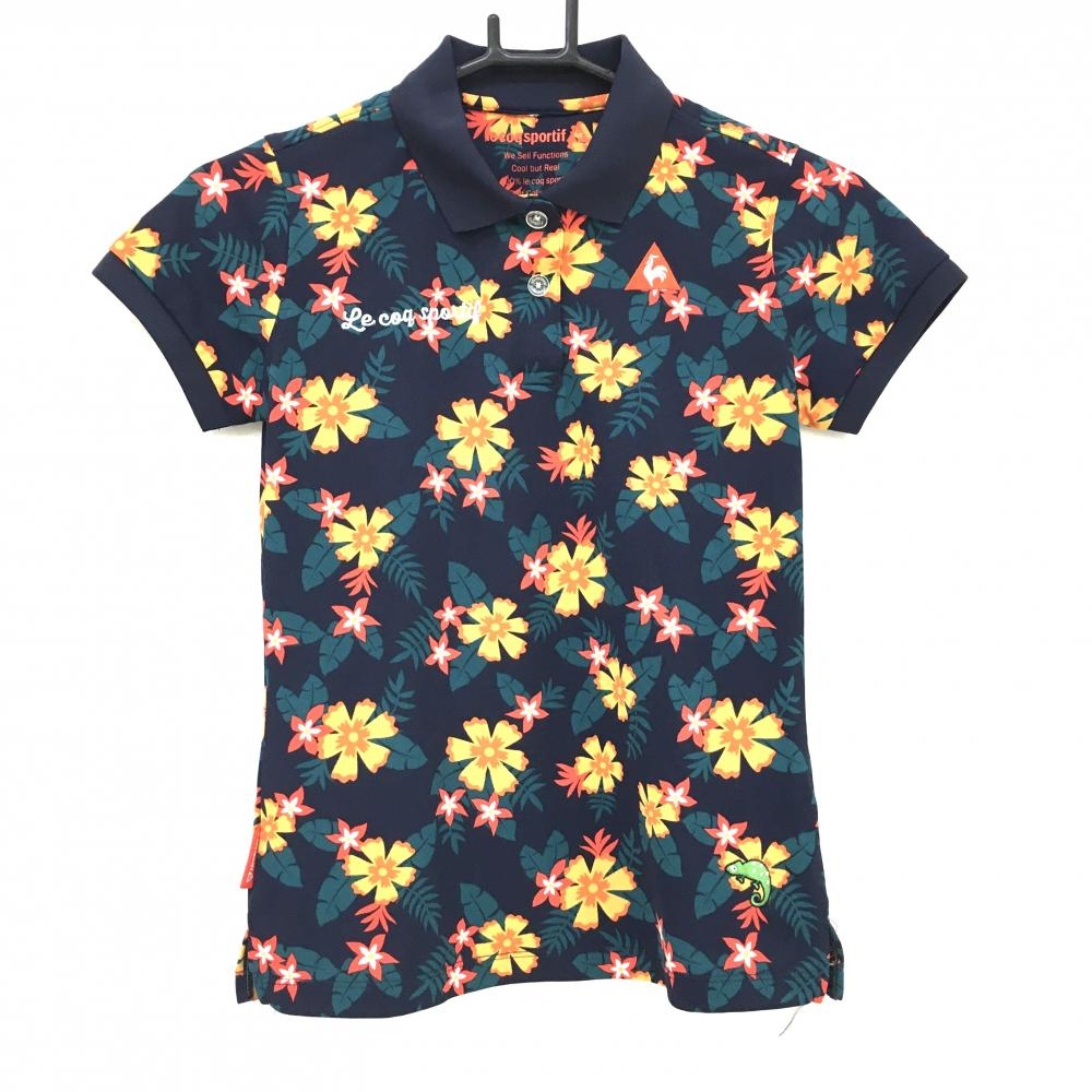 【超美品】ルコックゴルフ 半袖ポロシャツ ネイビー×イエロー×レッド 総柄 花 リーフ レディース S ゴルフウェア le coq sportif
