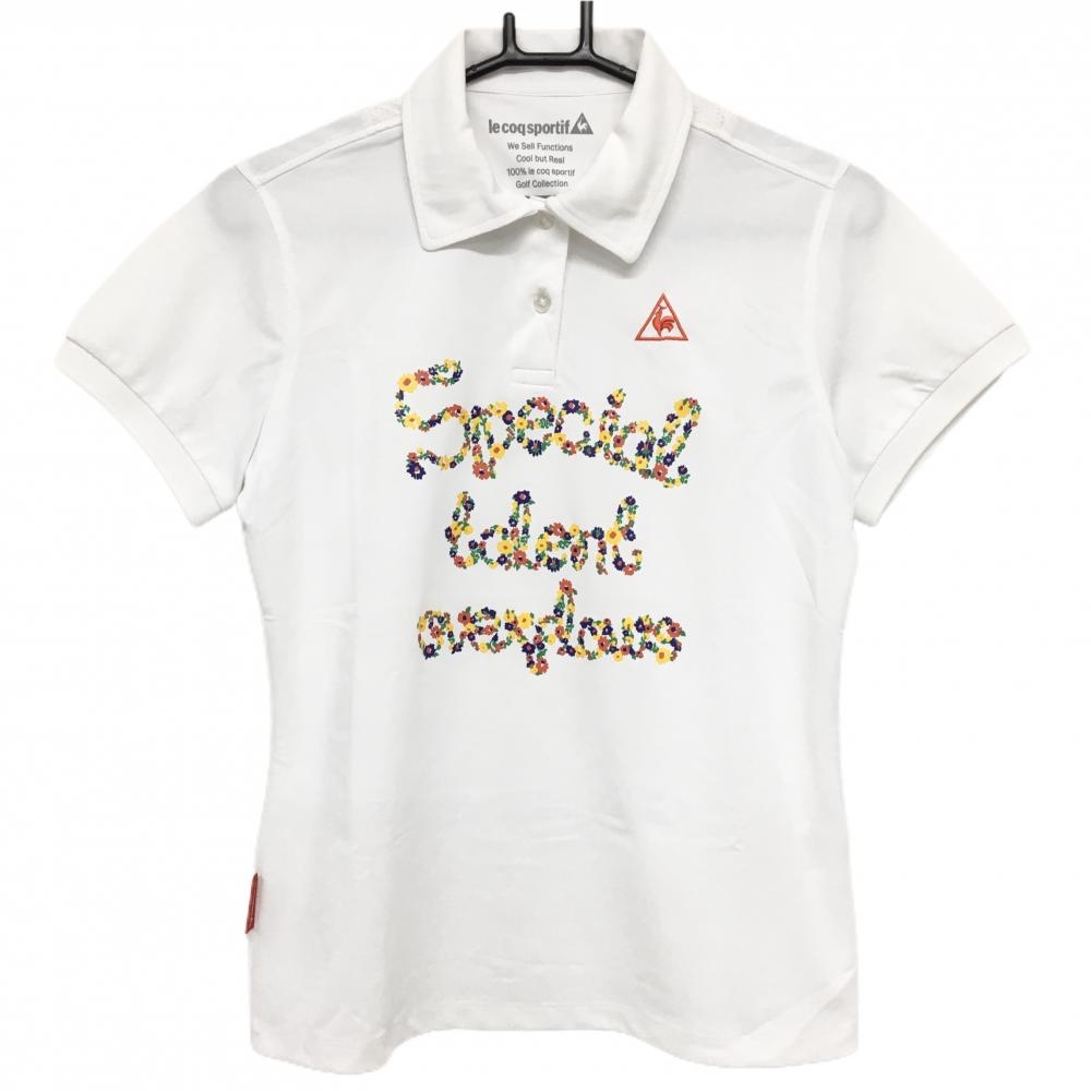 【美品】ルコックゴルフ 半袖ポロシャツ 白×レッド 英字花  レディース L ゴルフウェア le coq sportif