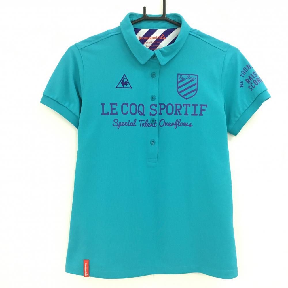 【美品】ルコックゴルフ 半袖ポロシャツ ブルーグリーン×ネイビー 胸元プリント レディース L ゴルフウェア le coq sportif