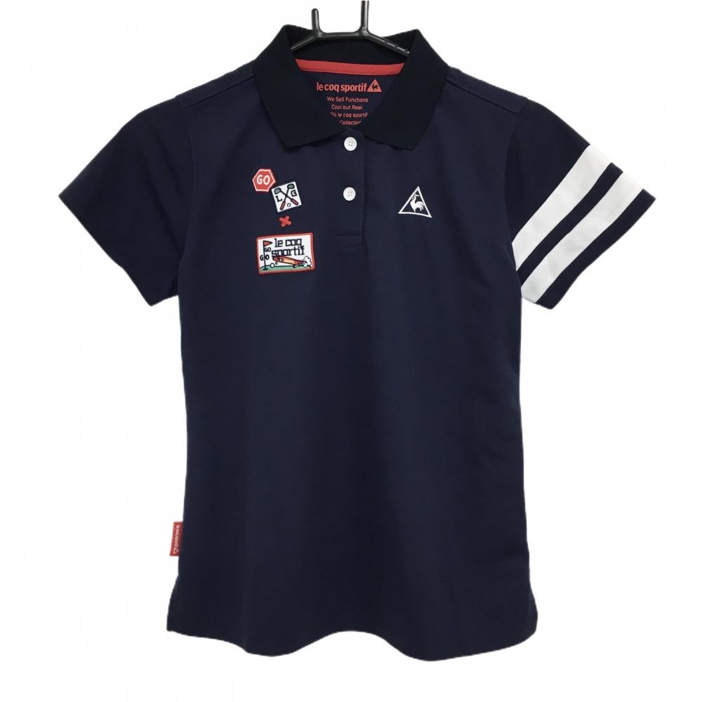 【超美品】ルコック 半袖ポロシャツ ネイビー×白 袖2ライン 複数ワッペン レディース L ゴルフウェア le coq sportif