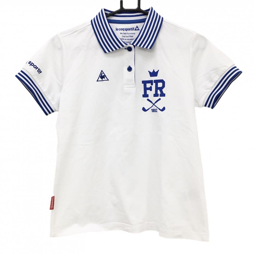 【超美品】ルコックゴルフ 半袖ポロシャツ 白×ブルー 襟・袖口ボーダー ロゴ刺しゅう レディース L ゴルフウェア le coq sportif