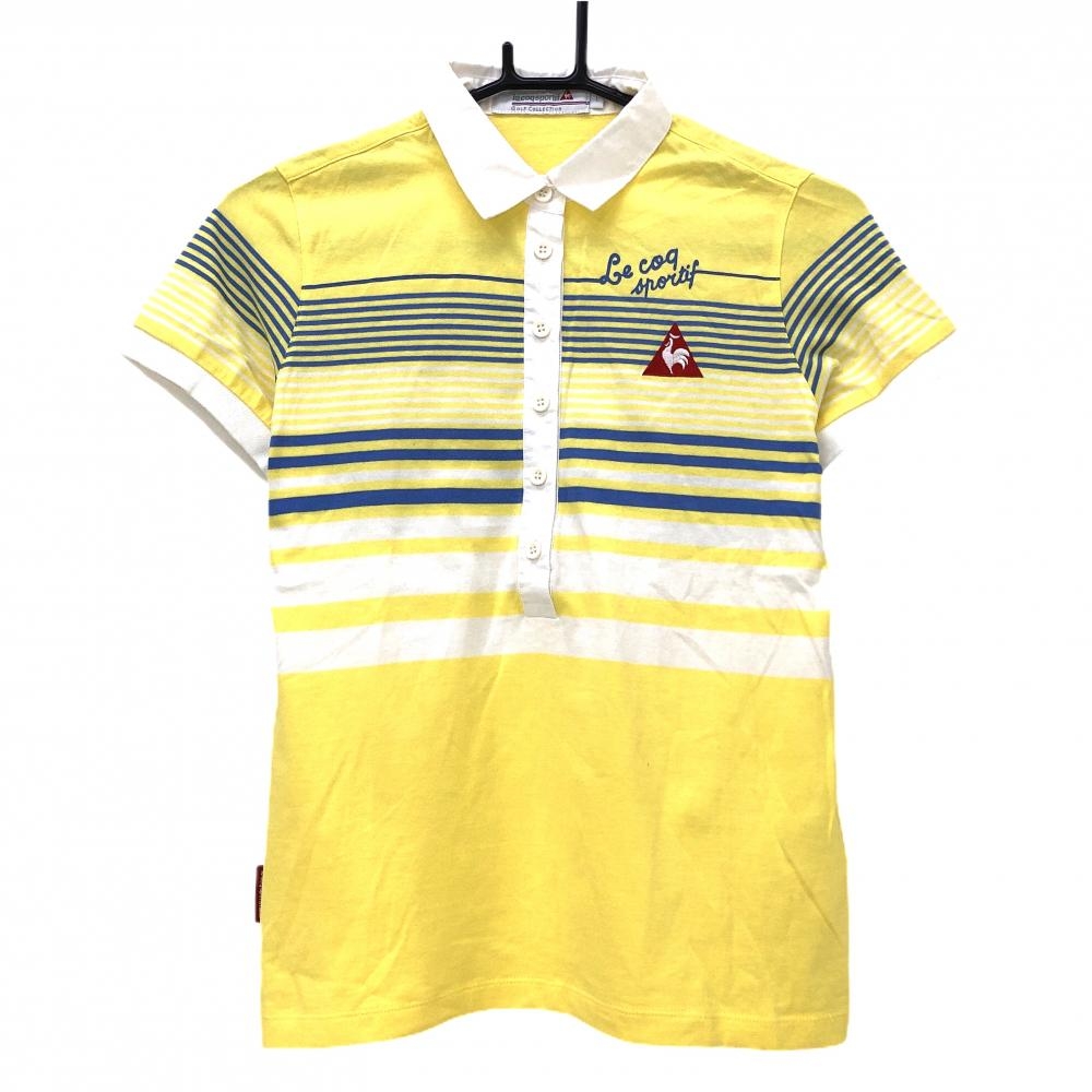 【美品】ルコックゴルフ　半袖ポロシャツ イエロー×ブルー系 ボーダー調 ロゴ刺しゅう レディース L ゴルフウェア le coq sportif