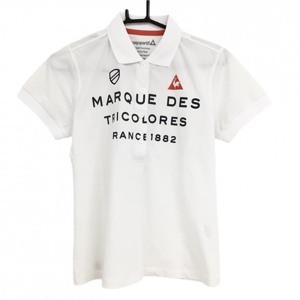 【超美品】ルコックゴルフ 半袖ポロシャツ 白×黒 英字プリント ロゴ刺しゅう レディース L ゴルフウェア le coq sportif