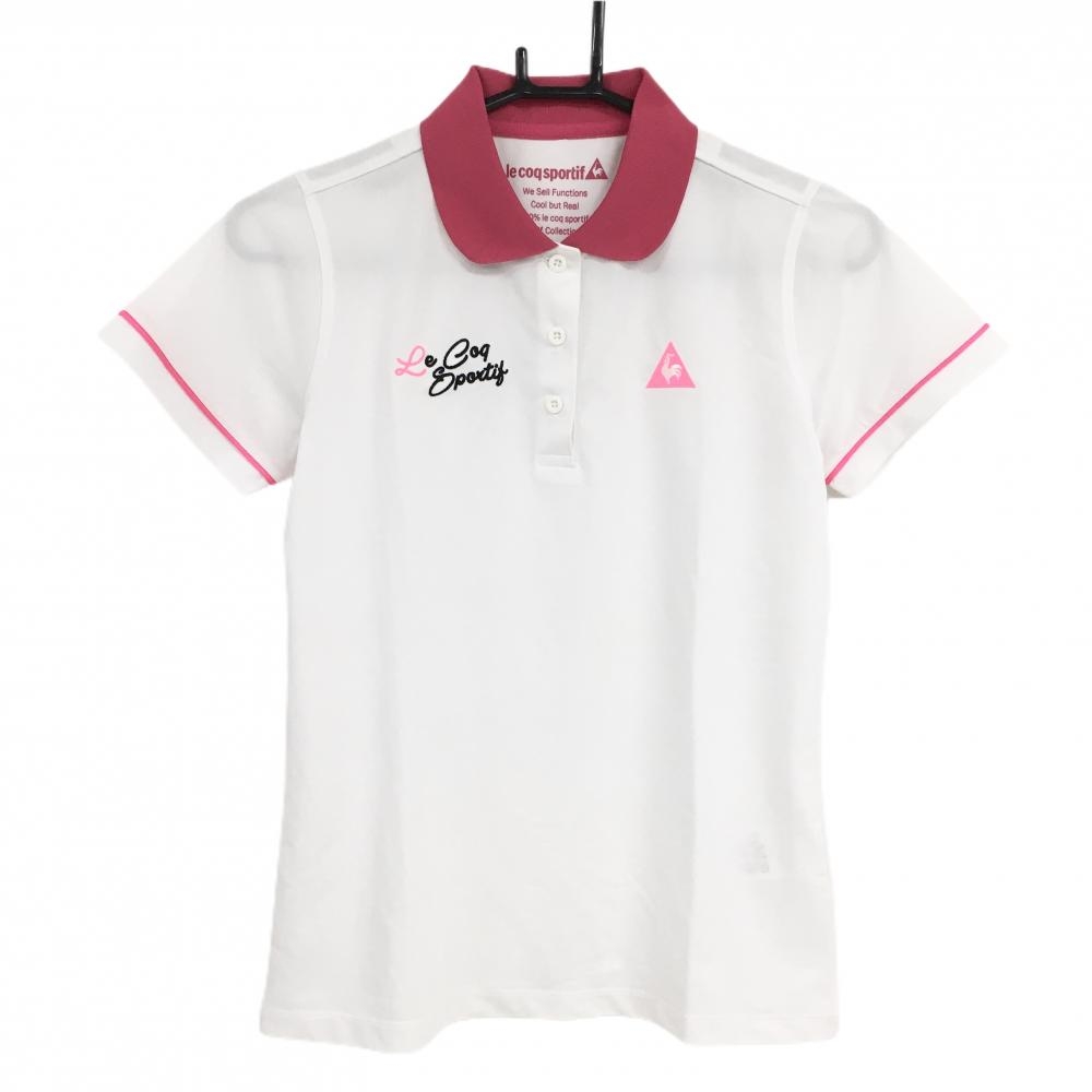 【超美品】ルコックゴルフ 半袖ポロシャツ 白×蛍光ピンク ロゴ 袖ライン  レディース M ゴルフウェア le coq sportif
