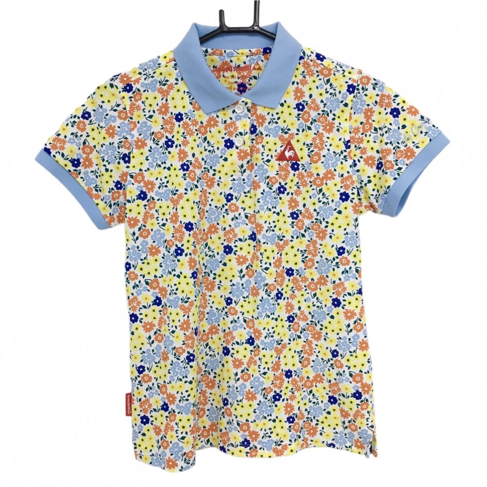 【美品】ルコックゴルフ 半袖ポロシャツ ライトブルー×マルチカラー 花柄  レディース L ゴルフウェア le coq sportif
